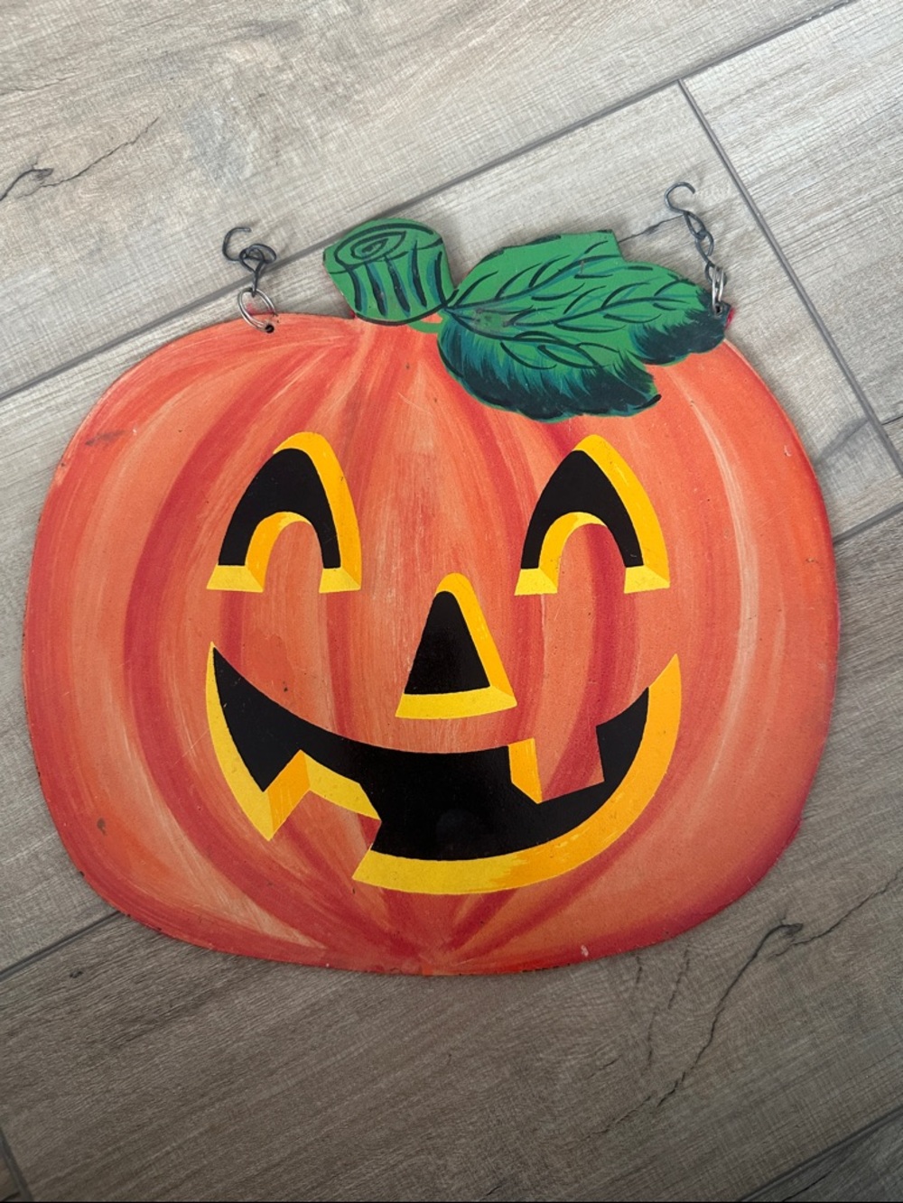 Vintage Handpainted Metal Jack-O'-Lantern Halloween Decoration - Orange & Green